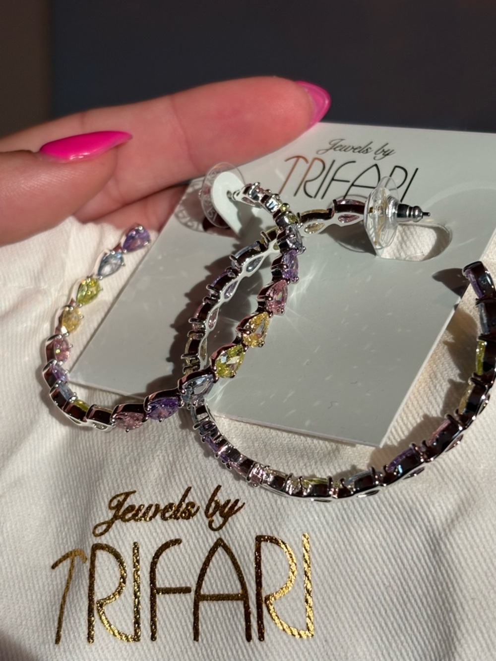 Trifari Pastel Iridescent Crystal Hoop Earrings Brand New